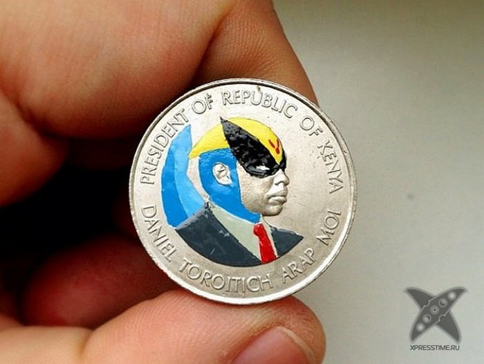 Рисунки различных персонажей на монетах