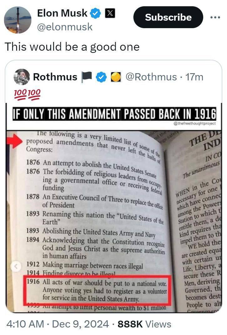В 1916 году, в разгар Первой Мировой войны, обсуждался законопроект, обязывавший выносить на всенародный референдум все вопросы, касавшиеся объявления войны. И каждый, кто голосовал бы «за», должен был записаться добровольцем в армию США.