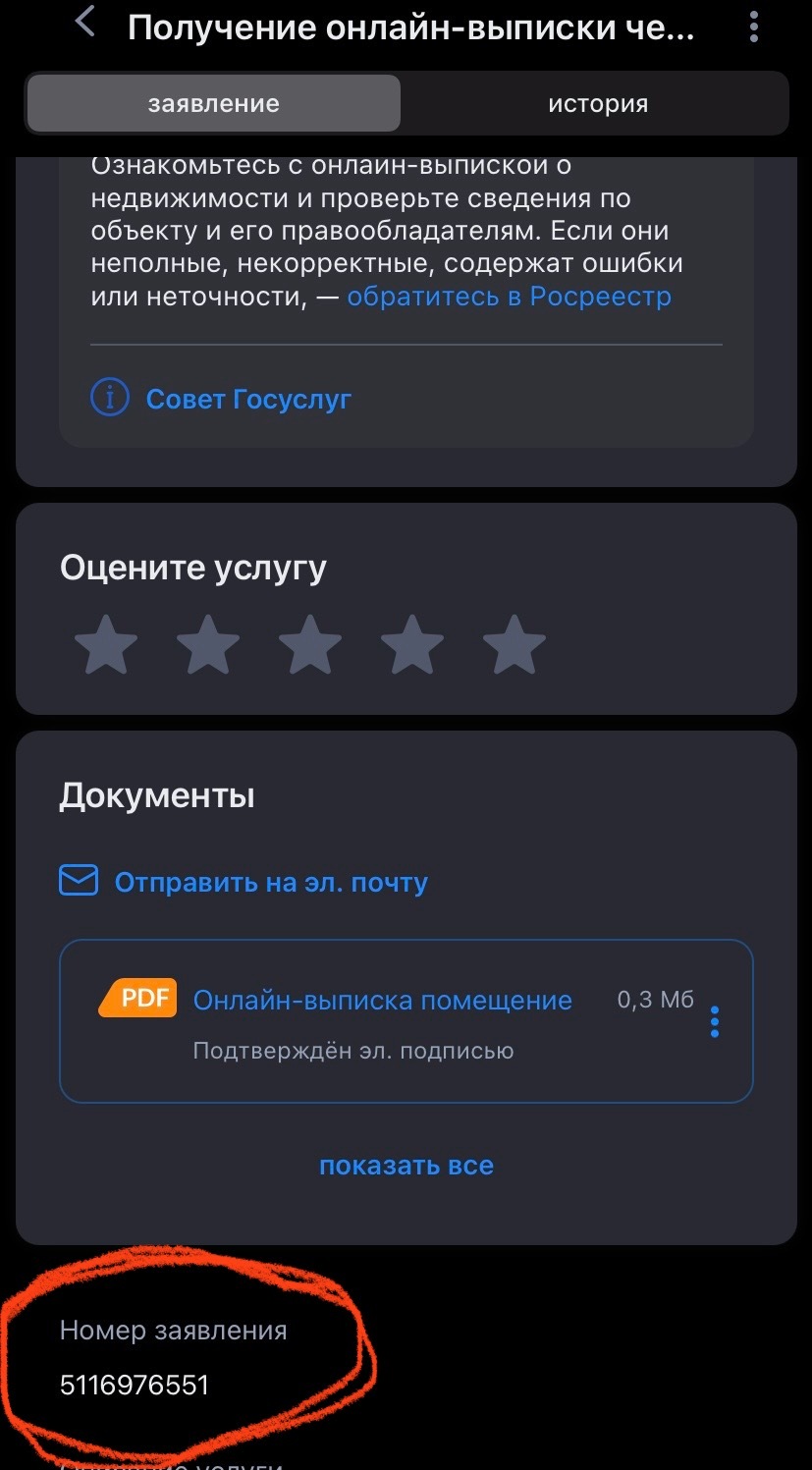 Нажмите на полученную выписку и снизу увидите номер заявления