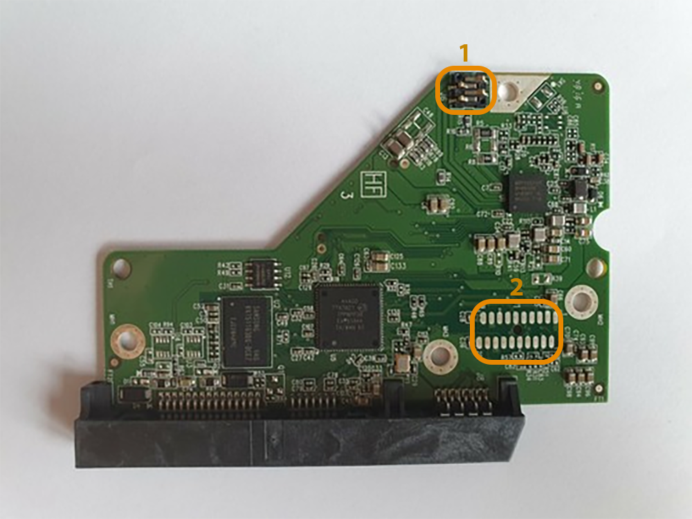 1 - контакты привода "блинов", 2 - контакты магнитных головок.