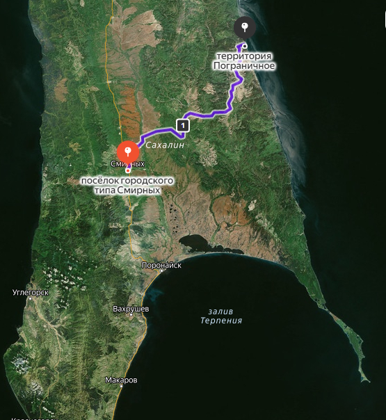 Центр Сахалина, цифра "1" - село Первомайское